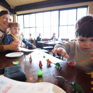 Family Mealtime with Dinosaur Play at Restaurant