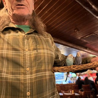 Man with Pet Parakeets in Rustic Restaurant