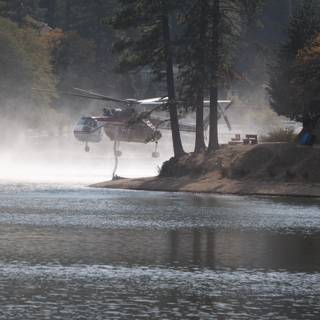 Helicopter Landing on Lake with Fire Truck