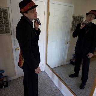 Man in Suit and Fedora Admiring Himself in Mirror