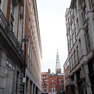 Narrow London Street with Church Spire View