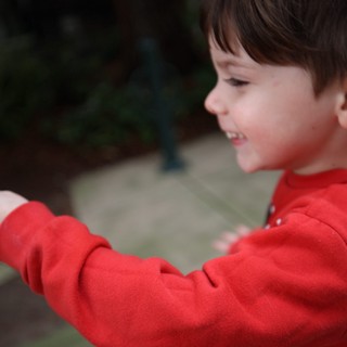 Joyful Child in Red Sweatshirt at Holiday Gathering