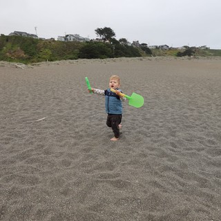 Toddler Triumphant with Sand Shovel on Foggy Beach