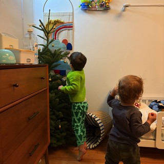 Two Young Children Decorating Christmas Tree Together