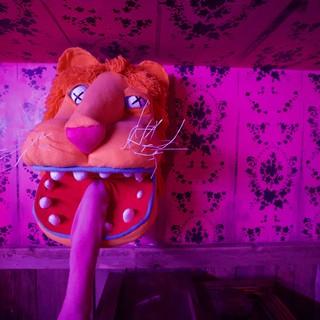 Surreal Plush Lion in Neon-Lit Decaying Interior