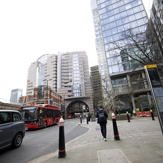 Modern London Architecture and Red Double-Decker Bus
