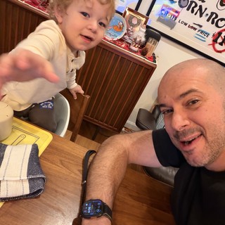 Father and Toddler Selfie at Kitchen Table
