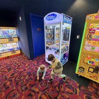 Two Children Playing at Arcade Claw Machine