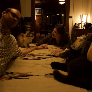 Couple and Cats Relaxing on Bed at Home