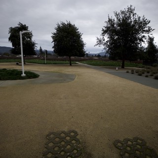 Curved Pathway Through Park on Overcast Evening