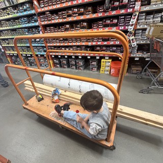 Child Riding Home Depot Lumber Cart in Hardware Aisle