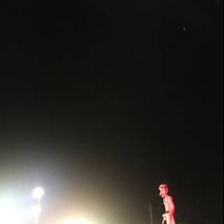 Red Statue Illuminated by Night Sky