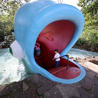 Child Exploring Giant Whale Mouth Playground Sculpture