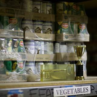 Trophy and Canned Goods on Shelf