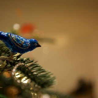Blue Glass Bird Christmas Tree Ornament with Bokeh Lights