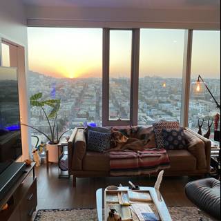 Cozy Living Room with City Skyline View