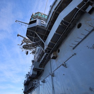 Looking Up at USS Hornet Aircraft Carrier Superstructure