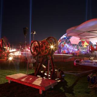 Spectacular Light Show and Wooden Bench at Coachella Carnival