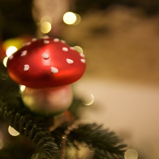 Red Toadstool Mushroom Christmas Tree Ornament with Bokeh Lights