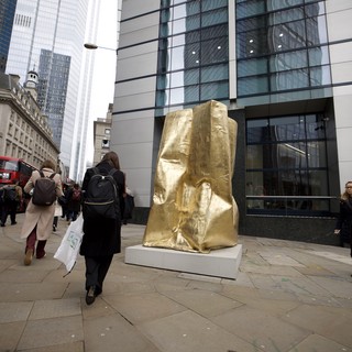 Golden Paper Bag Sculpture in London Financial District