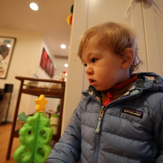 Toddler in Patagonia Jacket Gazing at Green Toy