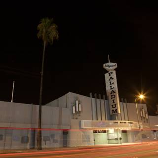 Nighttime View of City Theater with Palm Trees