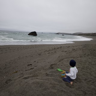 Child Playing Alone on a Rugged Coastal Beach