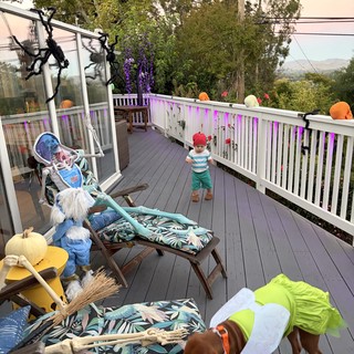 Halloween Decorated Deck with Family and Dog