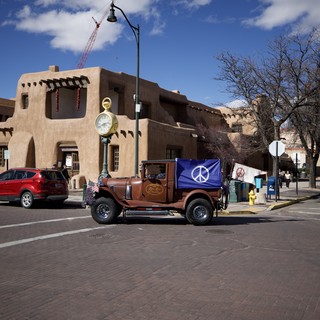Vintage Truck with Peace Flags in Santa Fe Plaza