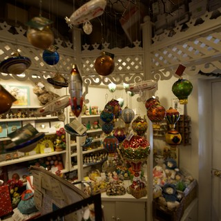 Whimsical Christmas Ornament Shop Display with Hot Air Balloons