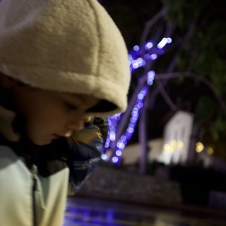 Spooky Skeleton Decoration with Purple Holiday Lights at Night