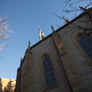Historic Stone Church at Twilight in Santa Fe