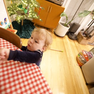 Curious Toddler Reaching at Christmas Kitchen Table