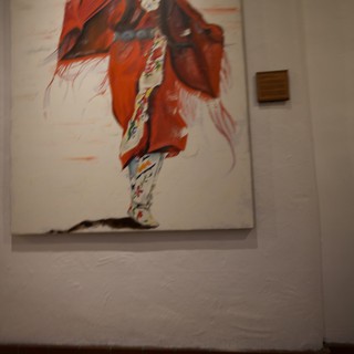 Native American Dancer in Traditional Red Regalia - Gallery Display