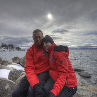 Couple Embracing at Lake Tahoe in Winter