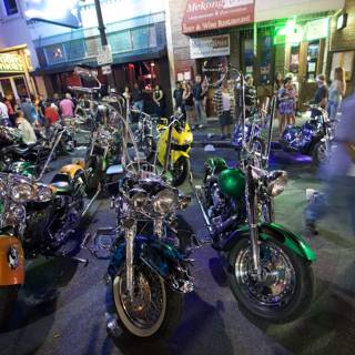 Motorbikes parked outside storefront