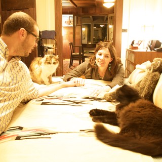 Couple and Their Cats Relaxing on Bed Together