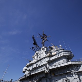 USS Hornet Aircraft Carrier Command Island Against Blue Sky