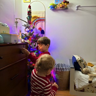 Two Brothers Admiring Their Decorated Christmas Tree