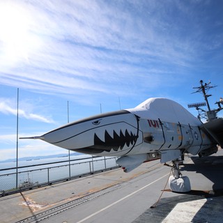 F-14 Tomcat with Shark Mouth on USS Hornet Deck