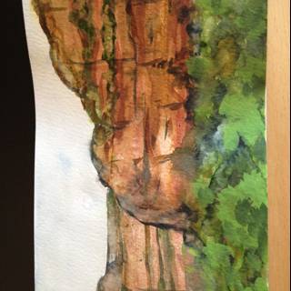 Watercolor Painting of Cliff and Trees