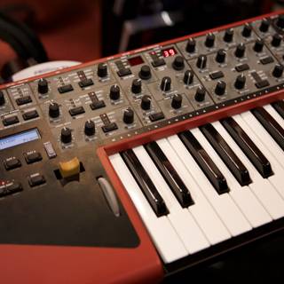 Red Synthesizer and Keyboard with Microphone for Musical Performances