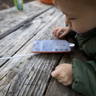 Curious Toddler Explores Smartphone at Picnic Table