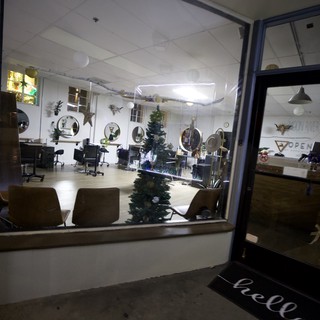 Hair Salon Window View with Holiday Decorations