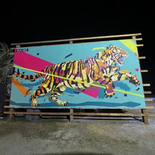 Wild and Colorful Tiger Mural on Wooden Billboard