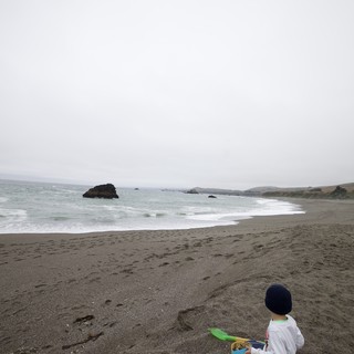 Child Playing in Sand at Foggy Northern California Beach