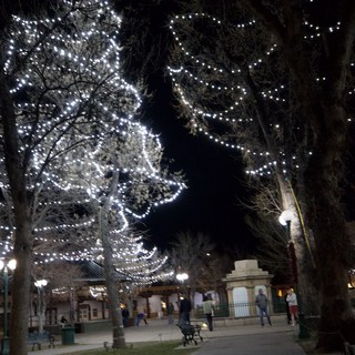 Santa Fe Plaza Illuminated with Holiday Lights at Night