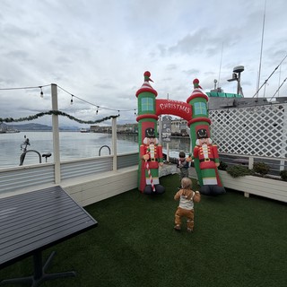 Toddler at Waterfront Christmas Display on Cloudy Day