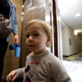 Toddler in Mickey Mouse Pajamas at Hotel