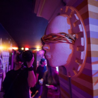 Illuminated Art Installation with Sculptural Elements and Atmospheric Lighting